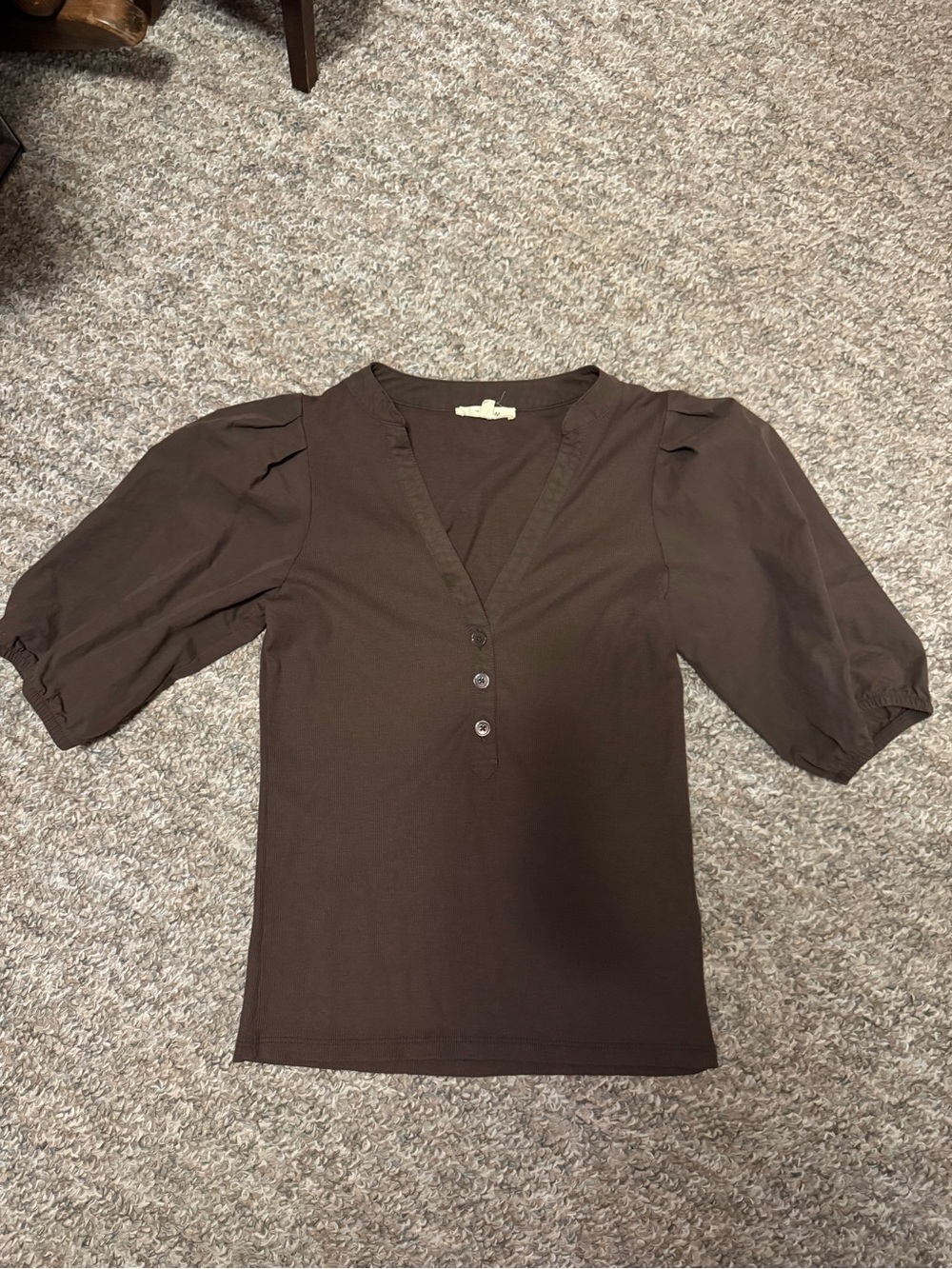 Madewell Chocolate Brown Henley Puff Sleeve Top